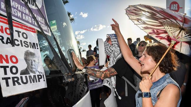 Anti racist protesters attempted to stop Cory Bernardi supporters from getting on a bus which was to transport supporters to a Q Society sponsored talk. (Pic: Jake Nowakowski)