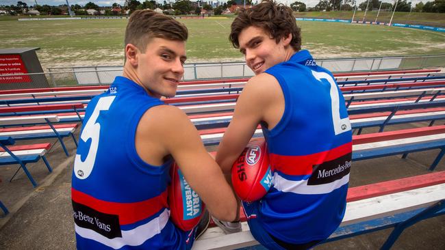 Young Western Bulldogs Josh Dunkley and Lewis Young show off their famous new guernseys. Picture: Jay Town