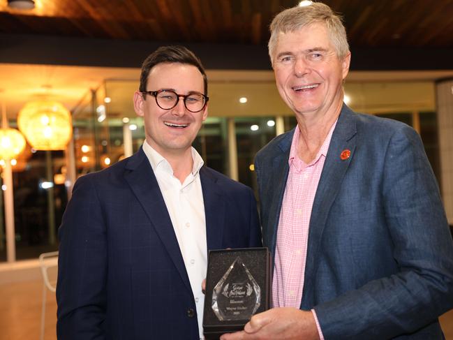 Sam OConnor and Wayne Sticher at the Gold Coast Australian of the Year Awards 2025 at Sky Point for Gold Coast at Large. Picture, Portia Large.