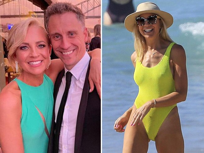 Carrie Bickmore and Chris Walker, left, and Bickmore on the beach with her children at Byron Bay earlier this month. Pictures: News Corp/Media Mode