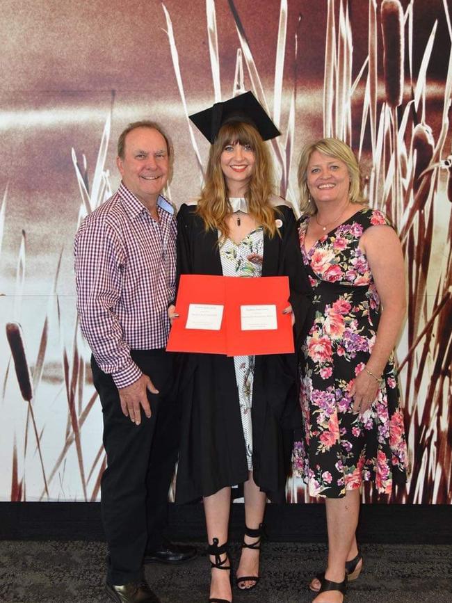 Tasmin's university graduation with mum and dad. Picture: SUPPLIED