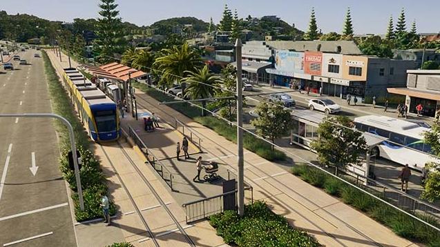 An artist’s impression showing Gold Coast light rail stage 4 showing the trams near the Tugun shops.