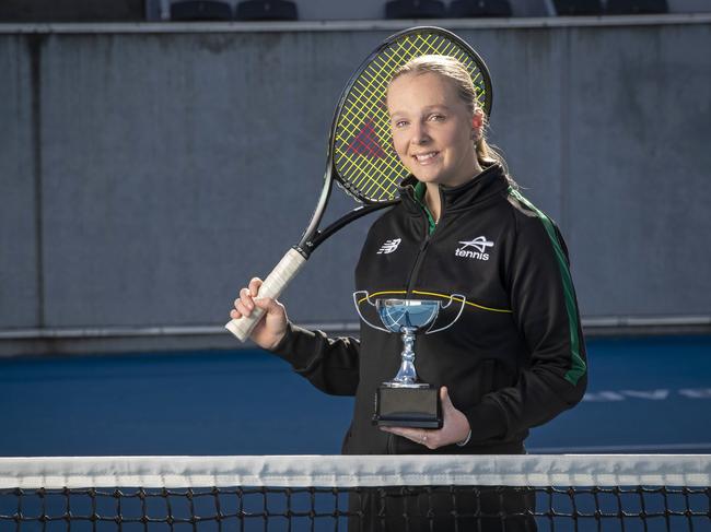 Alicia Dale 17, the first Tasmanian Girl to win the Australia Cup in 44 years at the Domain Tennis Centre. Picture: Chris Kidd