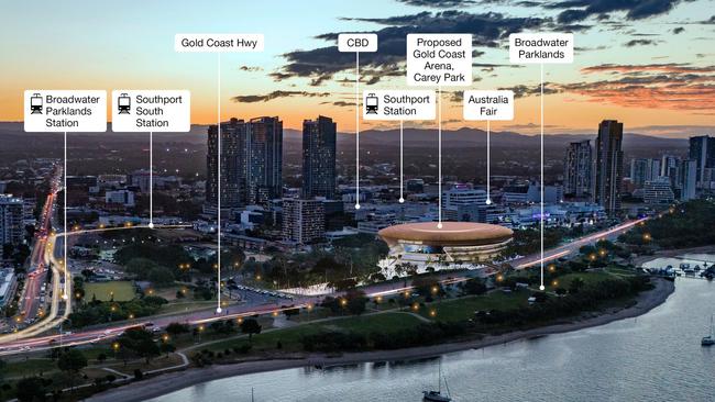 Artist impression of the proposed Gold Coast Arena boutique stadium at Carey Park, Southport. Picture: Supplied by Gold Coast City Council