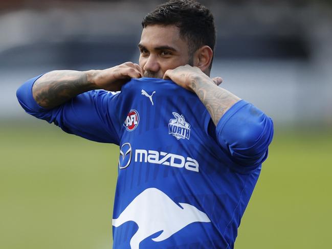 MELBOURNE, AUSTRALIA - MAY 18: Tarryn Thomas of the Kangaroos takes part in a  training session before North Melbourne Kangaroos AFL press conference at Arden Street Ground on May 18, 2023 in Melbourne, Australia. (Photo by Darrian Traynor/Getty Images)