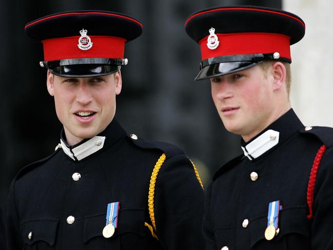 Prince Harry and Prince William attend the Sovereign's Parade at the Royal Military Academy in Sandhurst in 2006. Picture: AFP