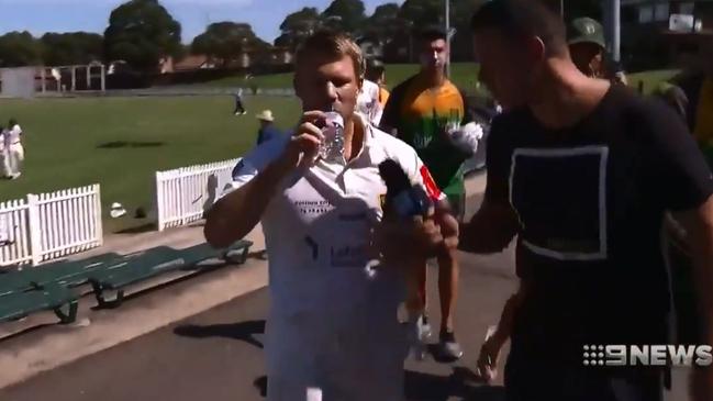 Dave Warner leaves the field. Picture: Nine News