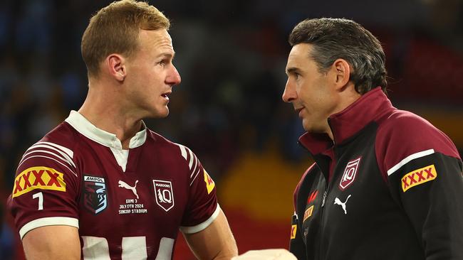 QLD Maroons coach Billy Slater shakes hands with Daly Cherry-Evans of the Maroons after game three of the 2024 Men's State of Origin series between Queensland Maroons and New South Wales Blues at Suncorp Stadium on July 17, 2024 in Brisbane, Australia. (Photo by Chris Hyde/Getty Images)