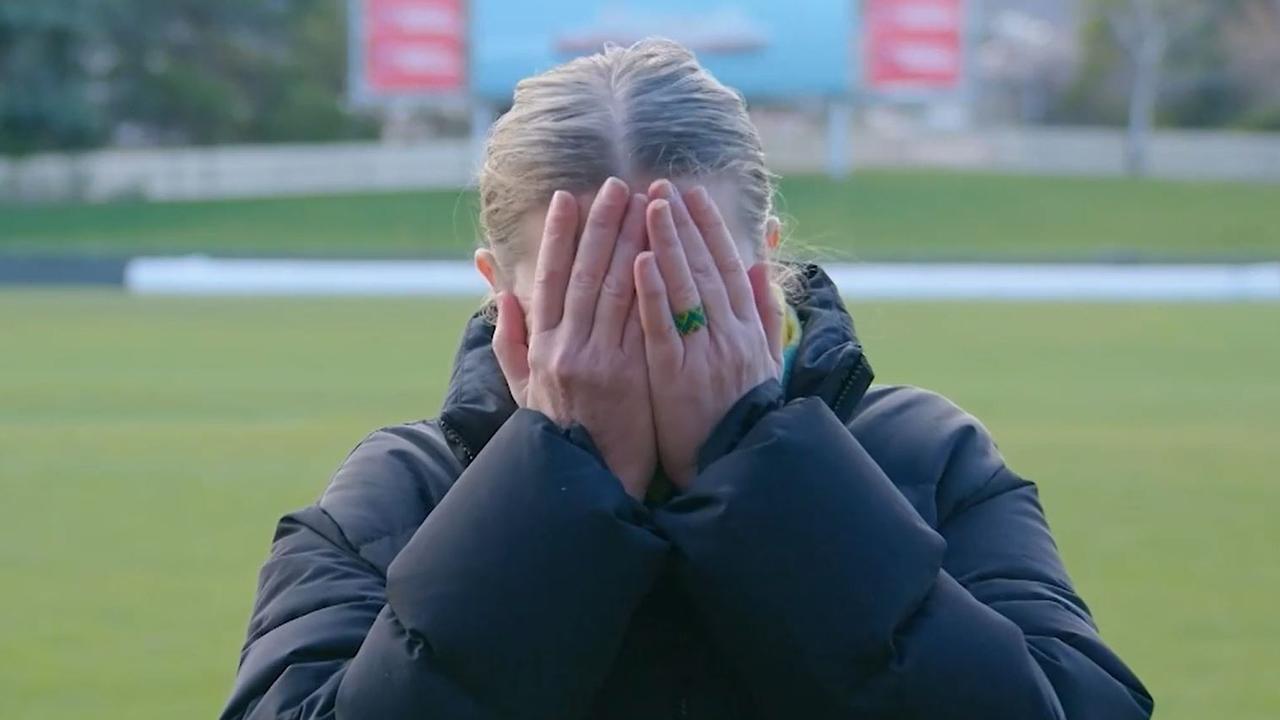 McCann needed some time to compose herself during the conference. Picture: Nine