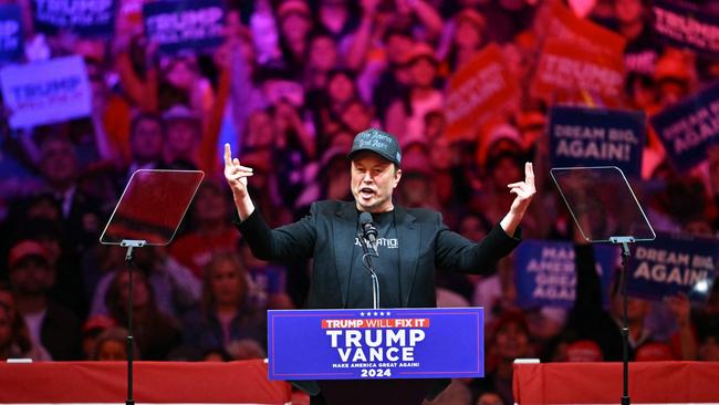 Tesla and SpaceX CEO Elon Musk at a rally for Donald Trump at Madison Square Garden in New York last month. Picture: Angela Weiss/AFP