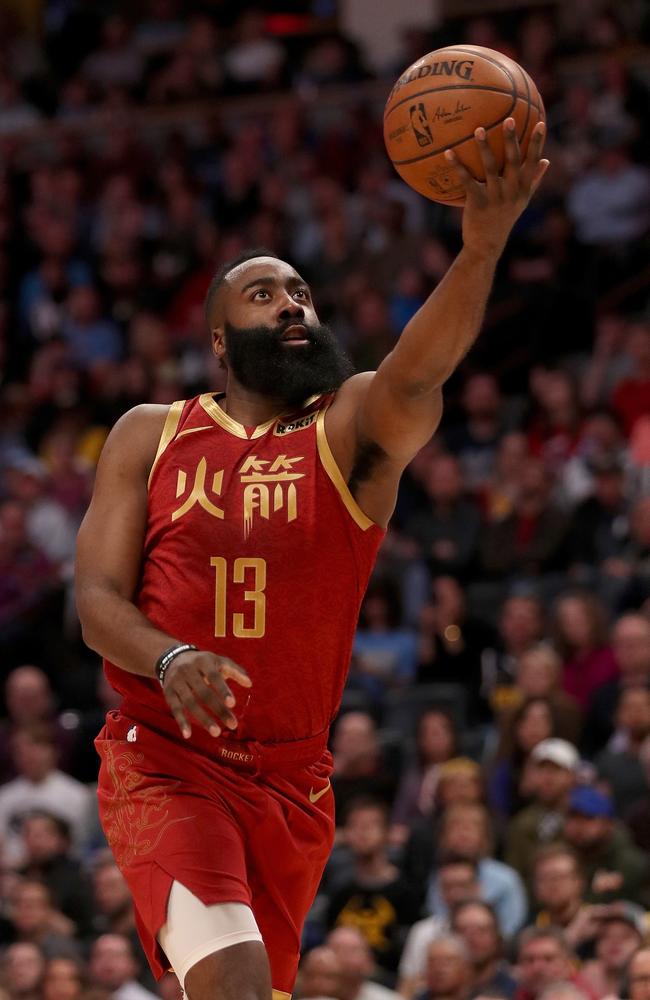 James Harden of the Houston Rockets wears a Lunar New Year jersey. The team has a massive following in China. Picture: Matthew Stockman/Getty Images