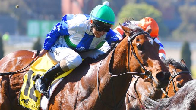 Michelle Payne riding Sweet Rockette at Moonee Valley. Picture: Getty Images