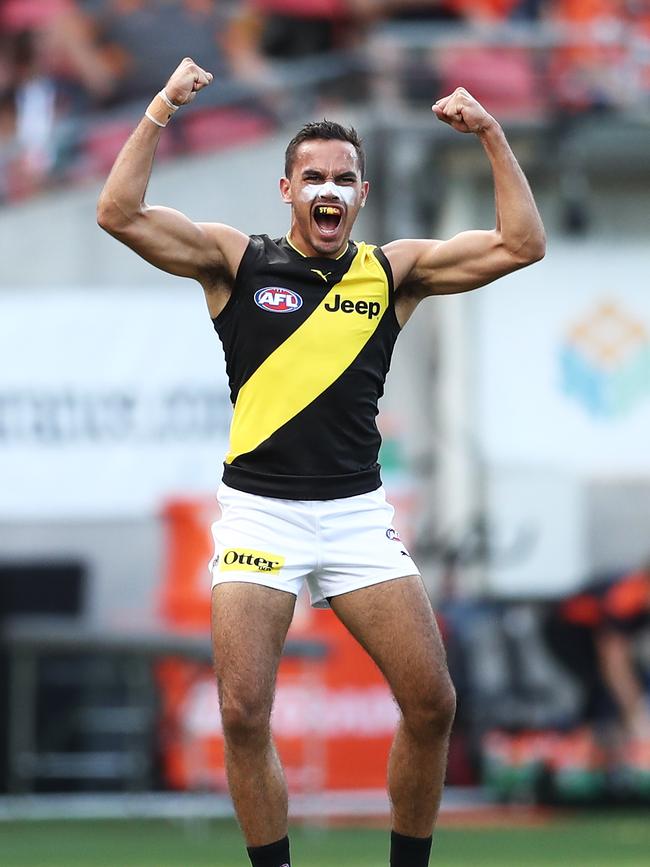 Sydney Stack after kicking his first AFL goal on debut against GWS. Picture: Matt King/AFL Photos/Getty Images. 