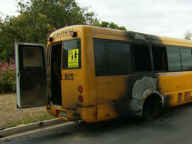 Arsonists have set fire to a school bus belonging to an Islamic college in the southern suburbs of Adelaide.  Picture: 9NEWS