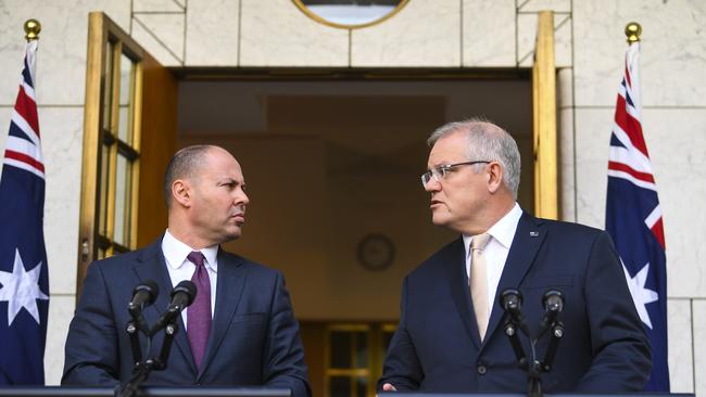 Josh Frydenberg and Scott Morrison will offer a jobs lifeline for up to 700,000 Australians aged under 35 who have been forced onto welfare payments. Picture: AAP