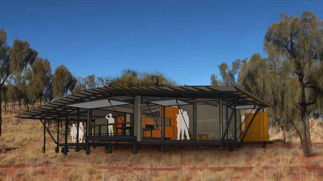 Artist impression of the route, views and accommodation to be part of the proposed Uluru Lodge Walk, a 4-day, 4-night “wilderness and wellbeing experience” during a walk between Kata Tjuta and Uluru, according to proponent Australian Walking Company (AWC). Picture: Troppo Architects.