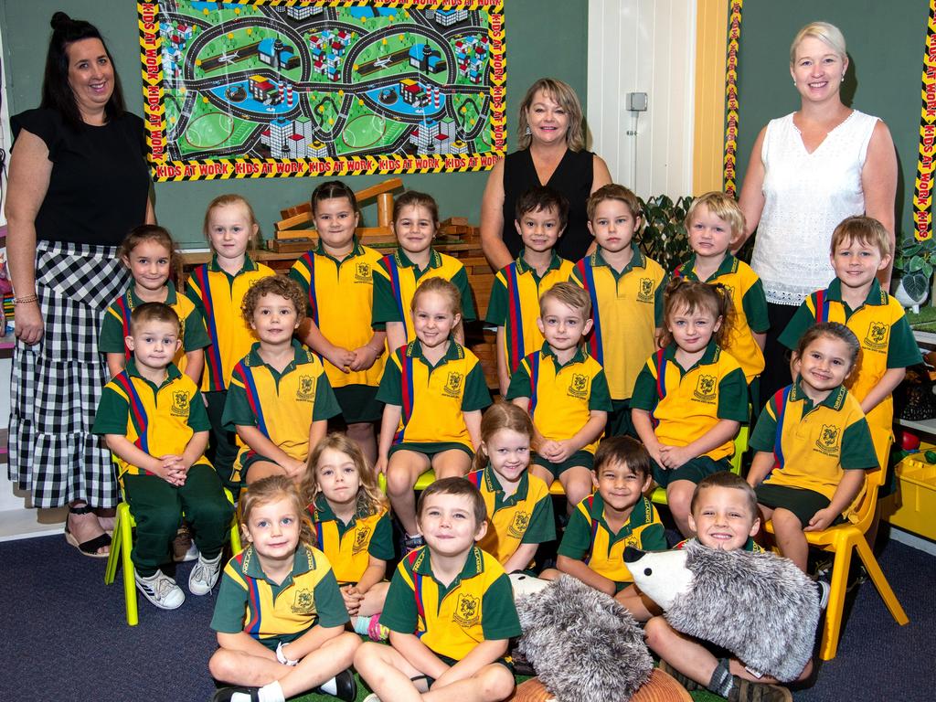 My First Year 2022: Drayton State School preps with teacher Kylie Garling (left) and teacher aides Cheryl McCurran (centre) and Hailey Hennesy. March 2022. Picture: Bev Lacey