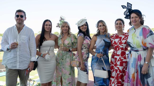 Sam Con, Cait Fitzsimmons, Lynne Anderson, Manal Iqbal, Jordan Cotter, Jen wardell and Kate mccullough at the 2023 Darwin Cup Carnival Ladies Day. Picture: Pema Tamang Pakhrin