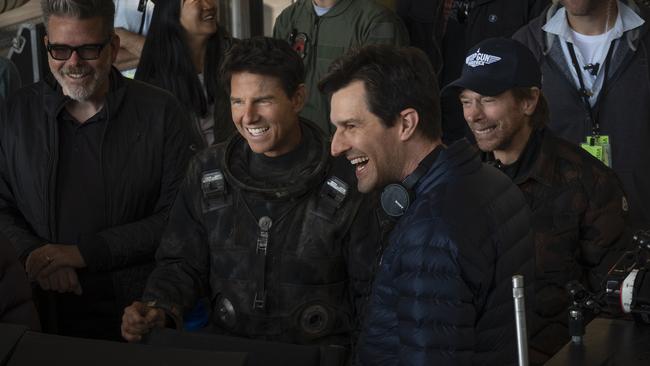 Christopher McQuarrie, Tom Cruise, Joseph Kosinski and Jerry Bruckheimer on the set of Top Gun: Maverick. Picture: Paramount