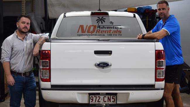 Herbert MP Phillip Thompson and NQ Adventure Rentals owner Hayden Lilley inspect a hire vehicle. Picture: Nikita McGuire.