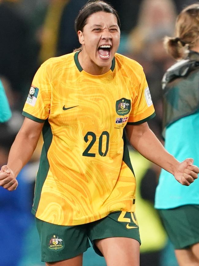 Sam Kerr celebrates at the end of the match during the Round of 16 match between Australia and Runner Up Group D at Stadium Australia on August 7. Picture: Stephanie Meek – CameraSport via Getty Images