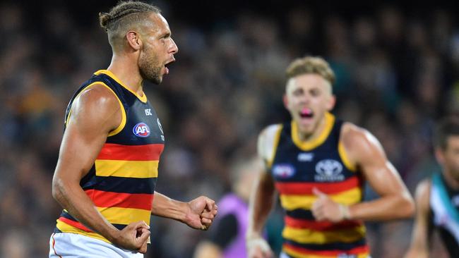 Cam Ellis-Yolmen celebrates a goal in Showdown 44. Picture: AAP Image/David Mariuz                        <a capiid="1ff35c80ec7e098390807016c80e7035" class="capi-video">Crows are lacking leaders</a>