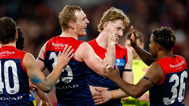 Melbourne list boss Tim Lamb says the Demons view Petty and young forward Jacob van Rooyen (second from right) as their long-term key forward duo. Picture: Dylan Burns / Getty Images