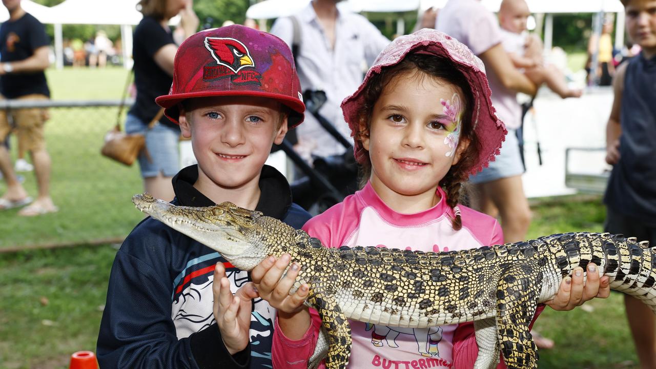 Hudson Malone, 5, and Lilly Harbour, 5, pat a baby crocodile from Roaming Wild animal encounters at the Little Day Out family day, held at the Holloways Beach Sports Oval and raising funds for the Holloways Hub. Picture: Brendan Radke