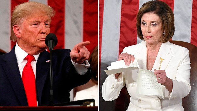 Donald Trump during his State of the Union address, right, and Nancy Pelosi tearing up her copy of the US President's speech. Picture: