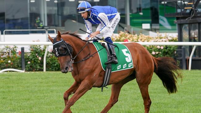 Vanna Girl, ridden by Hugh Bowman, heads to the barrier before the Empire Rose Stakes. Picture: Getty Images