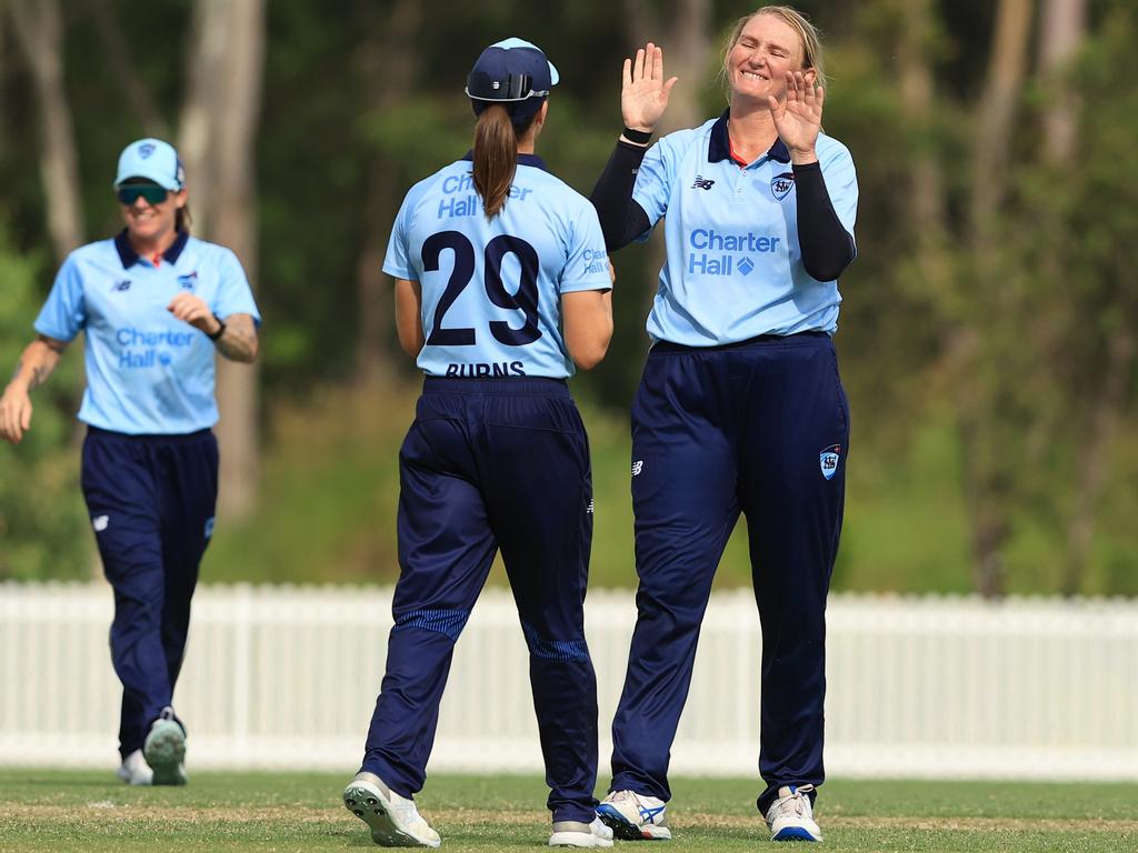 Sammy-Jo Johnson after taking a wicker for the NSW Breakers. Picture: Getty Images