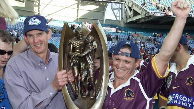 AUGUST 27, 2000: Coach Wayne Bennett with captain Kevin Walters after defeating Sydney Roosters in the 2000 NRL final. Picture: Gregg Porteous/Rugby League