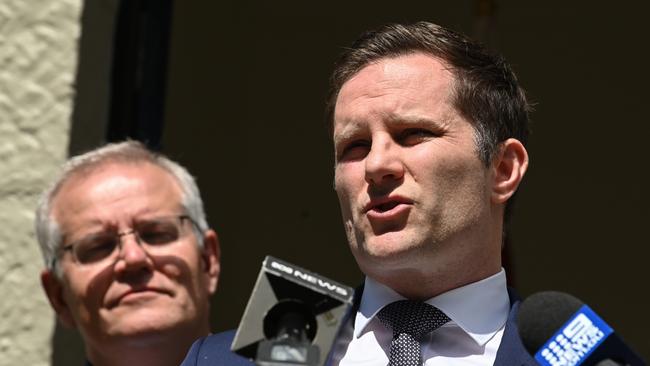 SYDNEY, AUSTRALIA - NewsWire Photos , MARCH 20, 2021: Minister for Immigration Alex Hawke speaks to the media during a press conference at  Kirribilli House.  Picture: NCA NewsWire / Flavio Brancaleone