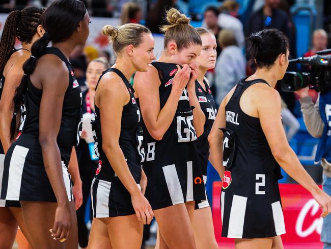 SYDNEY, AUSTRALIA - MAY 21: Magpies walk off after their loss during the round 10 Super Netball match between NSW Swifts and Collingwood Magpies at Ken Rosewall Arena, on May 21, 2023, in Sydney, Australia. (Photo by Jenny Evans/Getty Images)