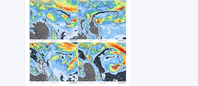 Four models forecasting the chance of a cyclone brewing for February 7. Only the bototom right model has the system at tropical cyclone strength by then. Picture: WeatherZone.