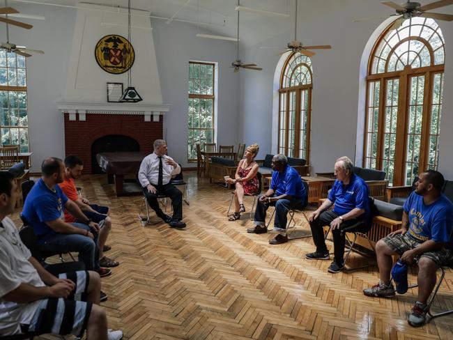 Counsellors Troy Schaffer and Stacy Pagan hold a group session at residential treatment facility Camelot on New York’s Staten Island. Picture: Stephen Yang for news.com.au