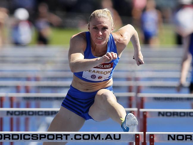 Sally Pearson pictured during the Womens 100m hurdles heat at the 2018 Queensland Open Athletics Championships at Nathan, Brisbane 4th of February 2018.  (AAP Image/Josh Woning)