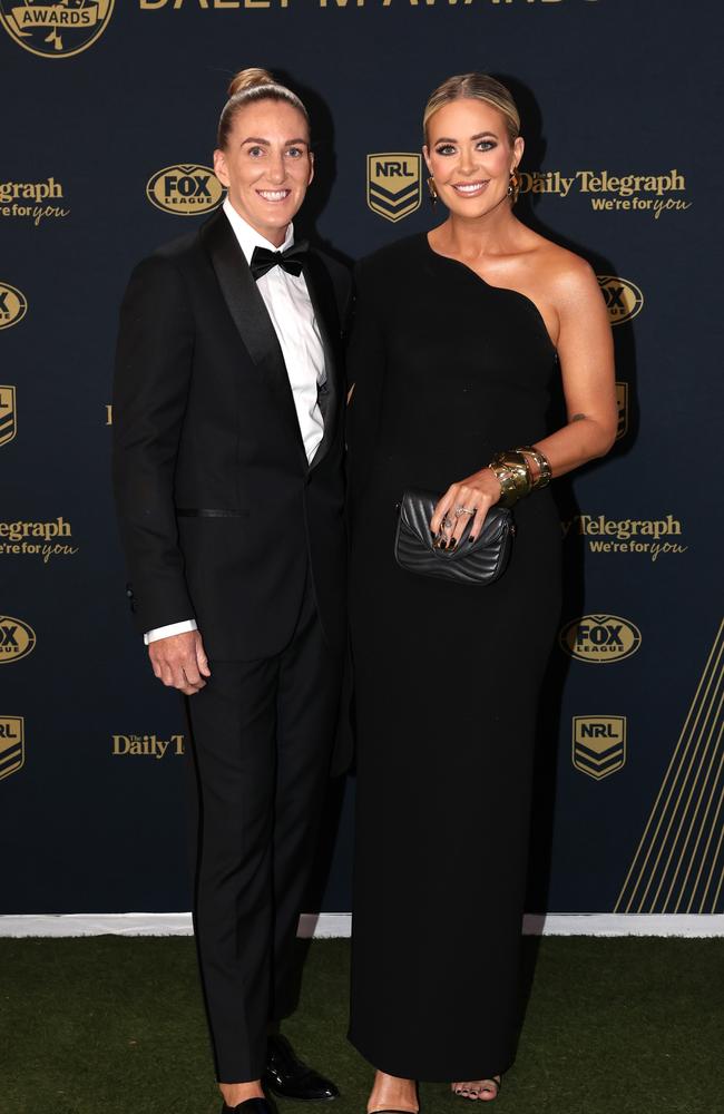 Broncos NRLW royalty Ali Brigginshaw opted to stand out in a tux alongside partner Kate Daly. (Photo by Mark Kolbe/Getty Images)