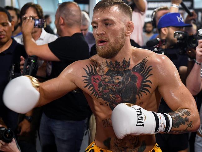 LAS VEGAS, NV - AUGUST 11: UFC lightweight champion Conor McGregor holds a media workout at the UFC Performance Institute on August 11, 2017 in Las Vegas, Nevada. McGregor will fight Floyd Mayweather Jr. in a boxing match at T-Mobile Arena on August 26 in Las Vegas.   Ethan Miller/Getty Images/AFP == FOR NEWSPAPERS, INTERNET, TELCOS & TELEVISION USE ONLY ==