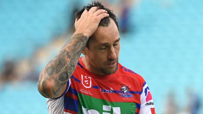 Knights star Mitchell Pearce was at the Roosters when he copped a record suspension and fine after footage was released which showed him simulating a sex act with a dog. Picture: Getty