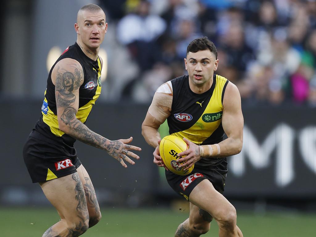 MELBOURNE, AUSTRALIAÃ&#137; June 30 , 2024. AFL Round 16. Richmond vs Carlton at the MCG. Richmonds Tim Taranto and Dustin Martin during the 2nd qtr. . Pic: Michael Klein