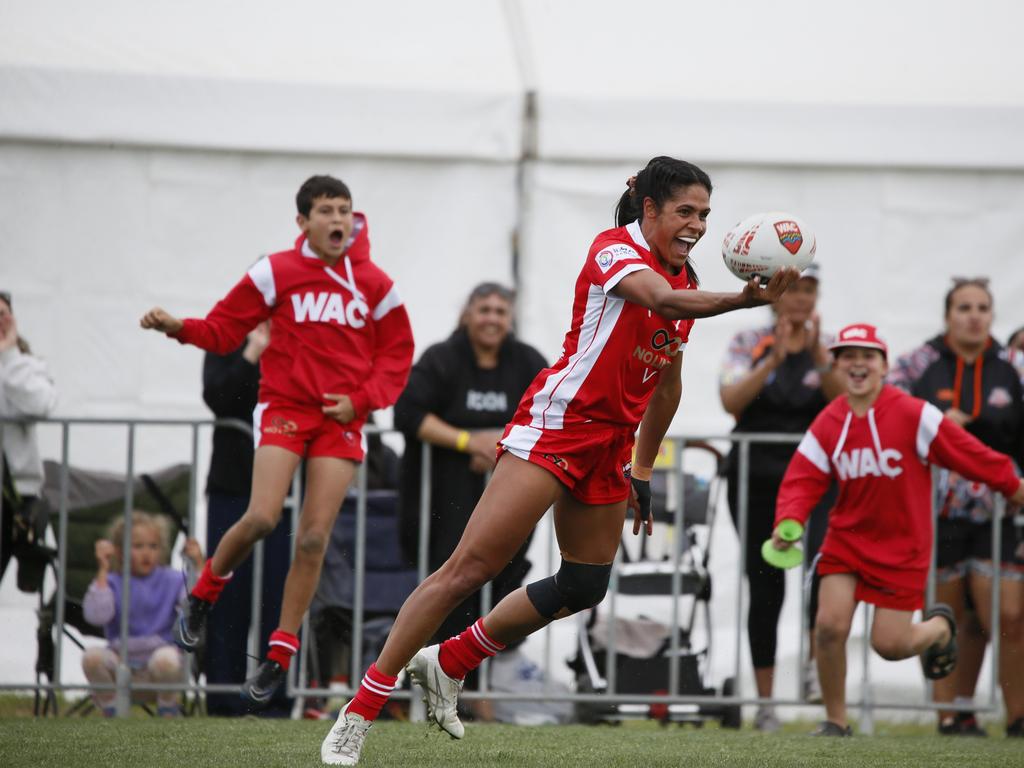 Kimberley Hunt celebrates a try for Walgett Aboriginal Connection. Picture: Warren Gannon Photography