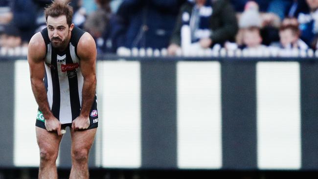 A disappointed Steele Sidebottom after another honourable loss for Collingwood. Picture: Getty