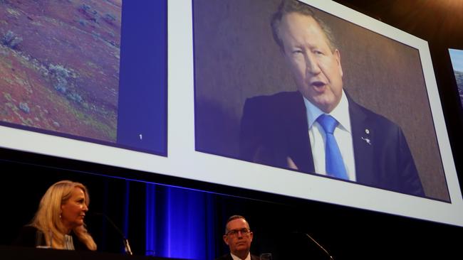 Fortescue chief executive Elizabeth Gaines listens as Andrew Forrest speaks from overseas at Fortescue Metals’ AGM last year. Picture: Colin Murty