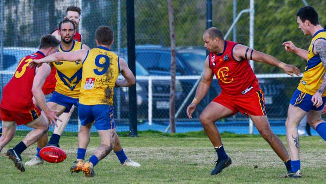 Flinders Park recruit Daniel Motlop (R) in action during the side’s clash Gaza earlier this season. Picture: Brenton Edwards