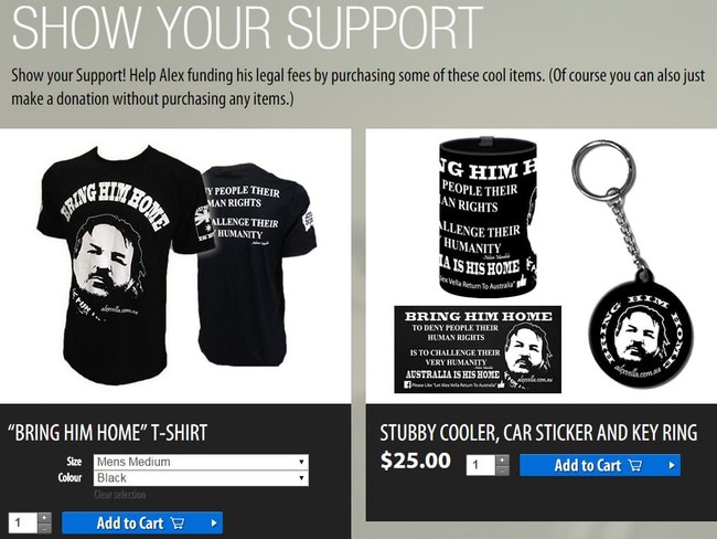 Alex Vella sells shirts, stubby holders and magnets to raise funds for his legal battle.