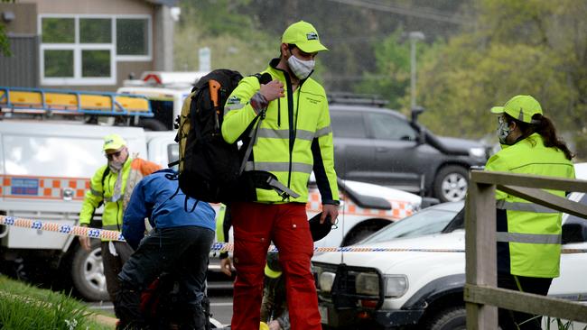 Bush Search and Rescue volunteers gather at Warburton Police Station. Picture: Andrew Henshaw