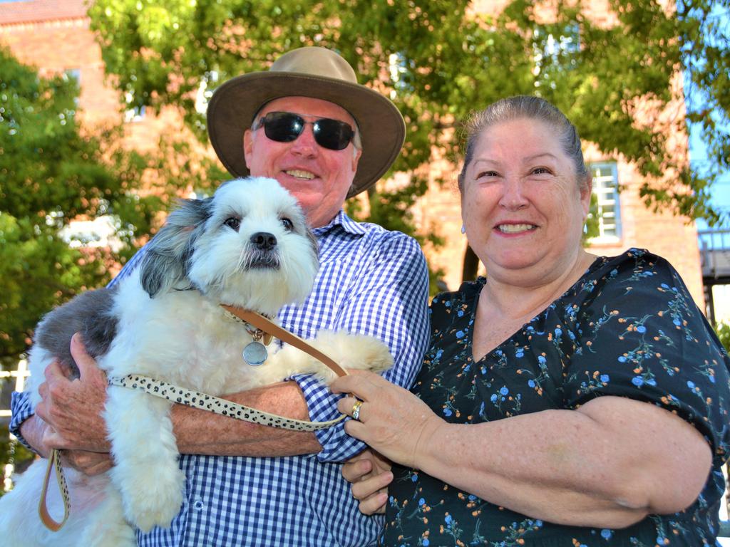 At the 2023 Grand Central Floral Parade are (from left) Trevor and Karen Martin with their Maltese Shih tzu Hudson. Picture: Rhylea Millar