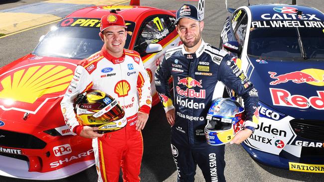 Mustang driver Scott McLaughlin (left) is well ahead in the Supercars drivers championship, with Holden’s Shane van Gisbergen in second place. Picture: AAP