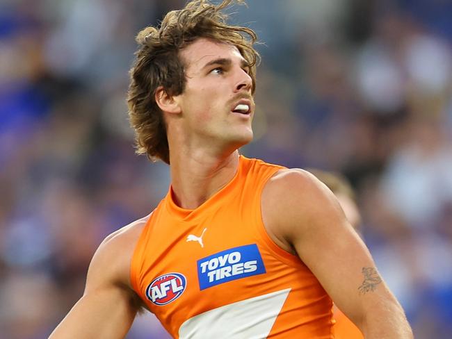 PERTH, AUSTRALIA - MARCH 24:  James Peatling of the Giants celebrates a goalduring the round two AFL match between West Coast Eagles and Greater Western Sydney Giants at Optus Stadium, on March 24, 2024, in Perth, Australia. (Photo by James Worsfold/AFL Photos/via Getty Images )